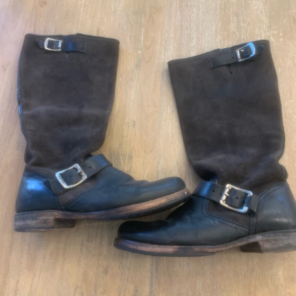 Frye Women's Veronica Slouch Tall Boots US 7 Moto Biker Buckle Black leather